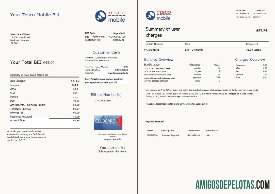 Para baixar modelo de fatura de serviços públicos móveis Tesco do Reino Unido em formatos Word e PDF, 2 páginas, versão 2